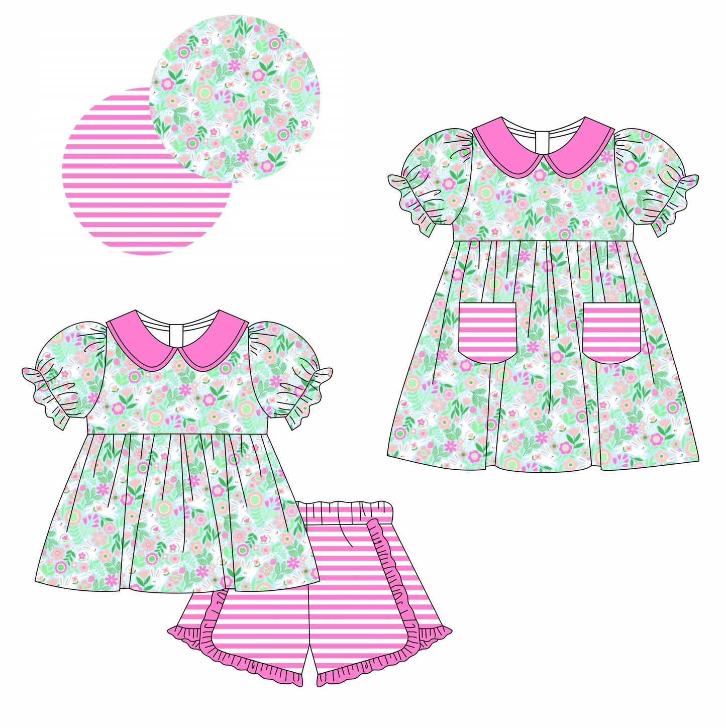 11.13(Custom Design Preorder MOQ 5 Each Design) Flowers Bunny Print Girls Easter Matching Clothes Sisters Wear