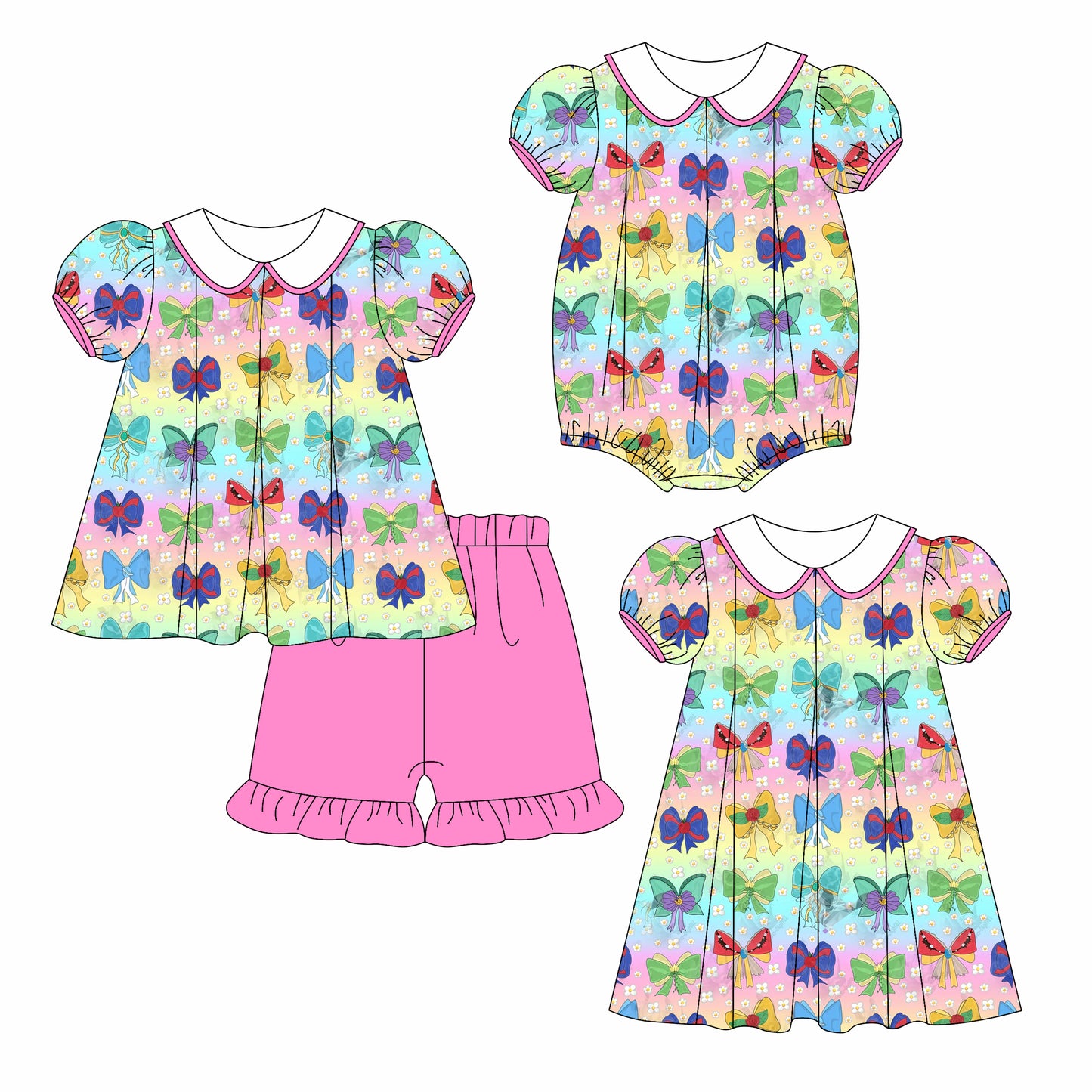 3.10(Custom Design Preorder MOQ 5 Each Design) Cartoon Princess Bows Flowers Print Girls Summer Matching Clothes Sisters Wear