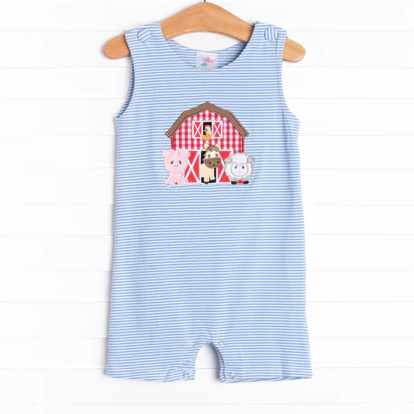 (Custom Design Preorder MOQ 5) Farm Animals Blue Stripes Print Baby Boys Summer Romper