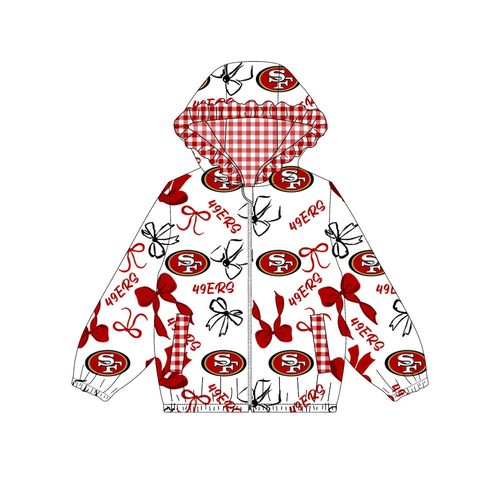 (Custom Design Preorder MOQ 5) Team's 49ERS SF Bows Print Pockets Girls Long Sleeve Zipper Jackets Top