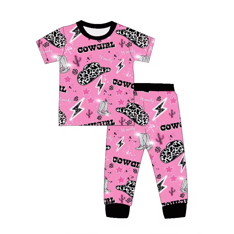 (Custom Design Preorder MOQ 5) Cowgirl Howdy Hat Print Girls Pajamas Western Clothes Set