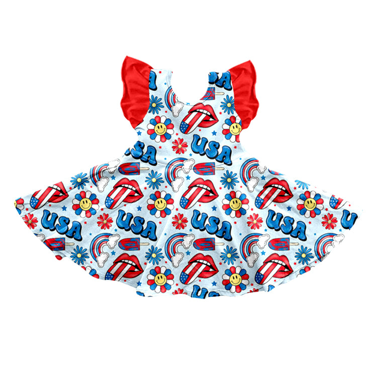 (Custom Design Preorder MOQ 5) USA Rainbow Flowers Print Girls 4th of July Knee Length Dress