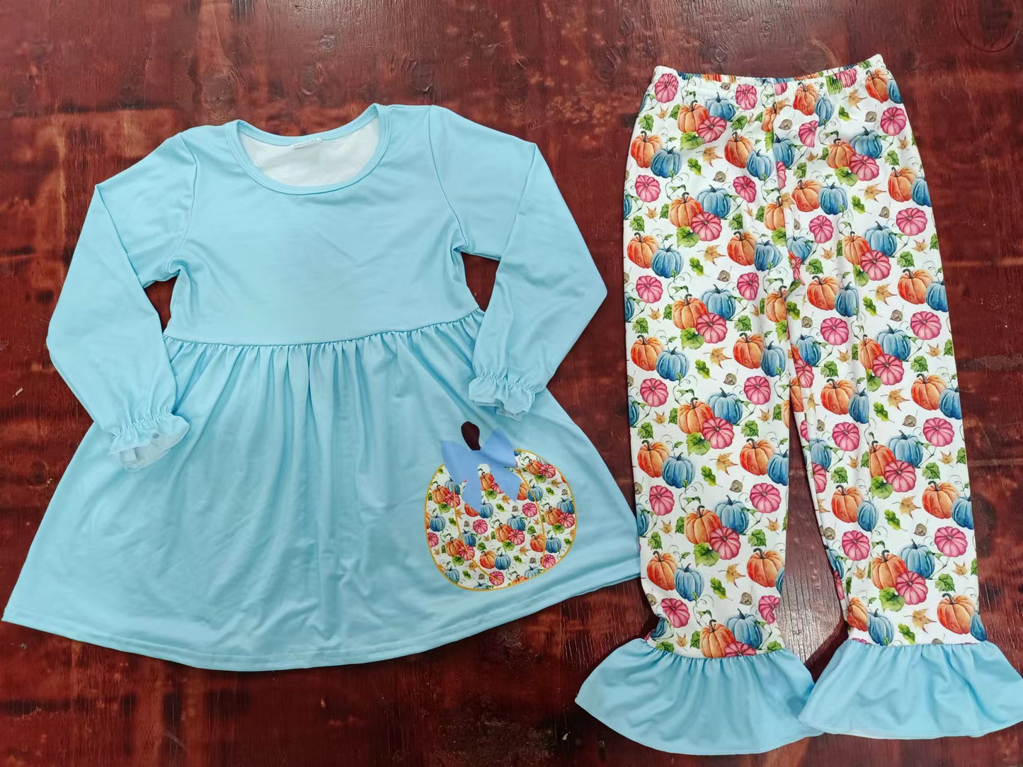 (Custom Design Preorder MOQ 5) Pumpkin Blue Tunic Top Pants Girls Fall Clothes Set