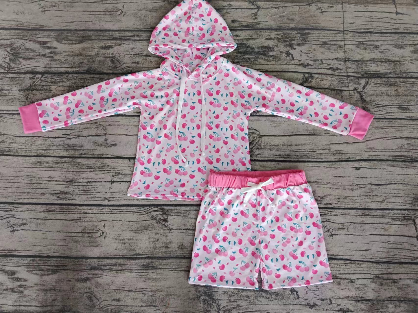 (Custom Design Preorder MOQ 5) Cherry Print Girls 2 Pieces Long Sleeve Hoodie Swimsuits