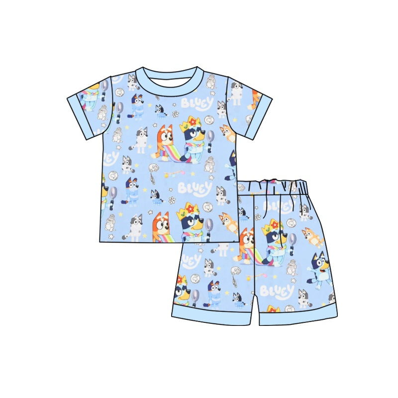 (Custom Design Preorder MOQ 5) Cartoon Dog Blue Boys Summer Pajamas Clothes Set