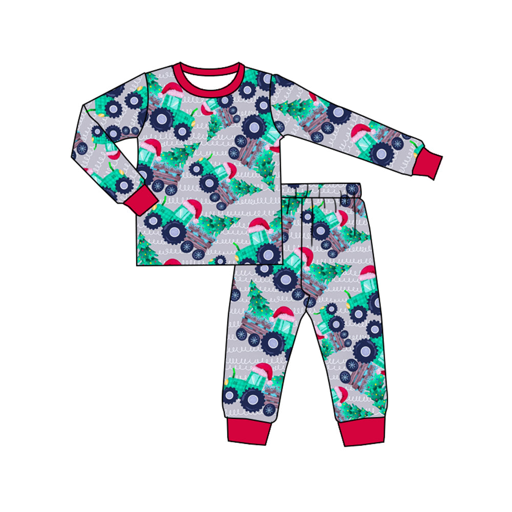 (Custom Design Preorder MOQ 20) Tractors Tree Print Kids Christmas Bamboo Pajamas Clothes Set