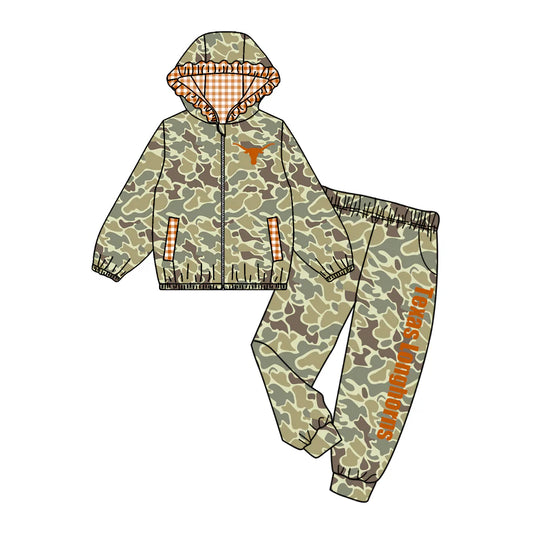 (Custom Design Preorder MOQ 5) Team's TEXAS LONGHORNS Camo Print Hoodie Zipper Top Pockets Pants Girls Fall Clothes Set