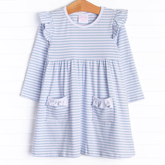 (Custom Design Preorder MOQ 5 ) Blue Stripes Print Pockets Girls Fall Knee Length Dress