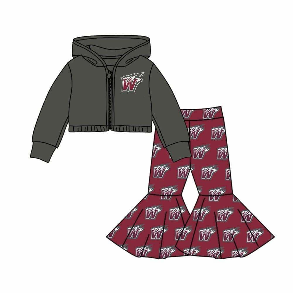 (Custom Design MOQ 5) Team's W Grey Print Bell Pants Hoodie Jacket Top Girls Clothes Set