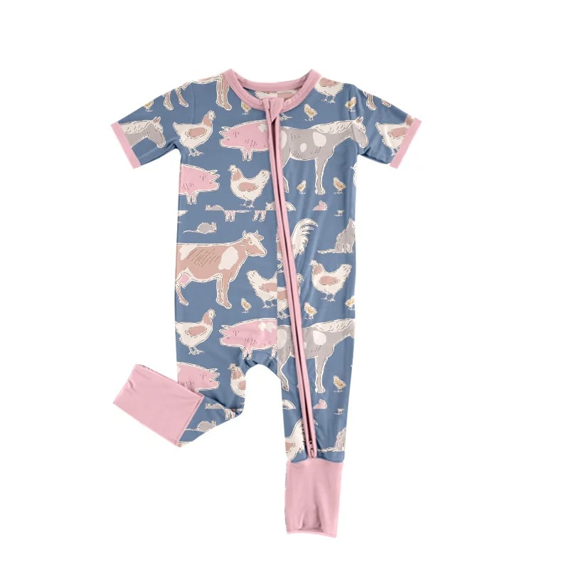 (Custom Design Preorder MOQ 5) Farm Animals Print Baby Girls Summer Zipper Sleeper Romper