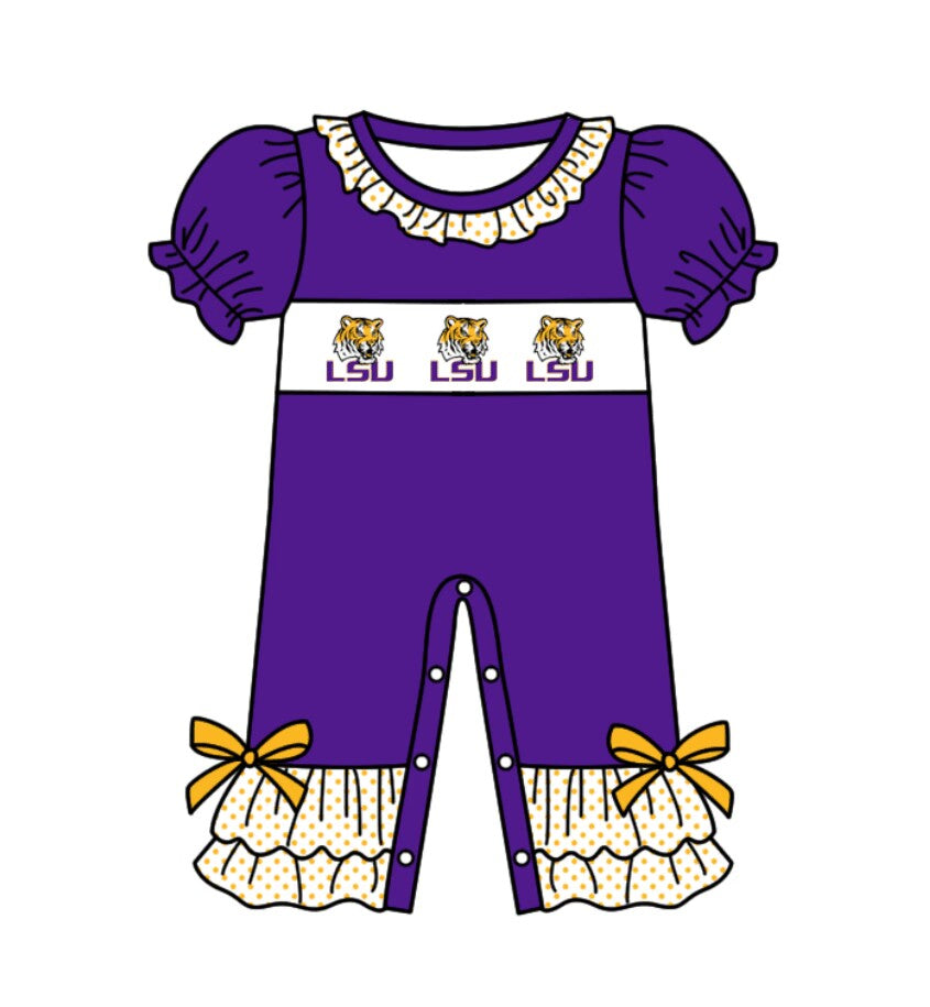 (Custom Design Preorder MOQ 5) Team's LSU Purple Print Baby Girls Romper