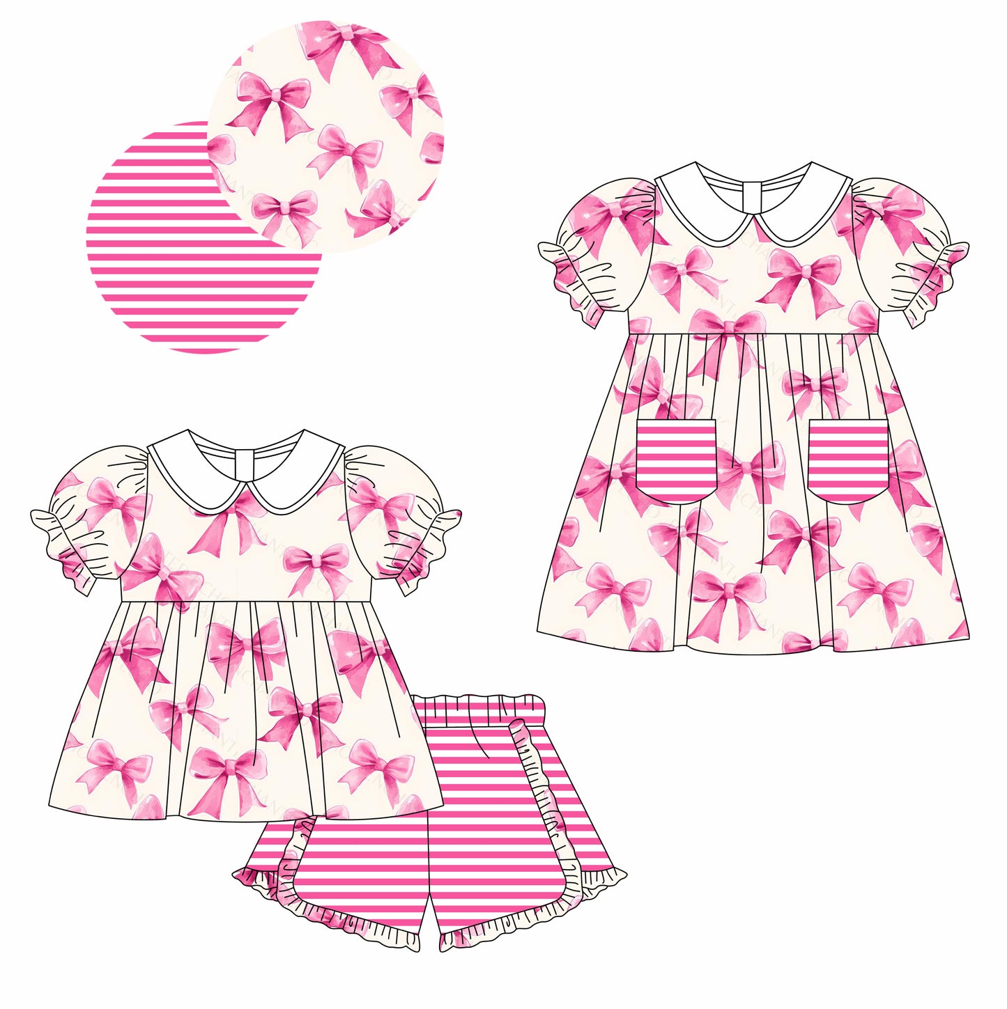 11.22(Custom Design Preorder MOQ 5 Each Design) Pink Bows Print Girls Summer Matching Clothes Sisters Wear