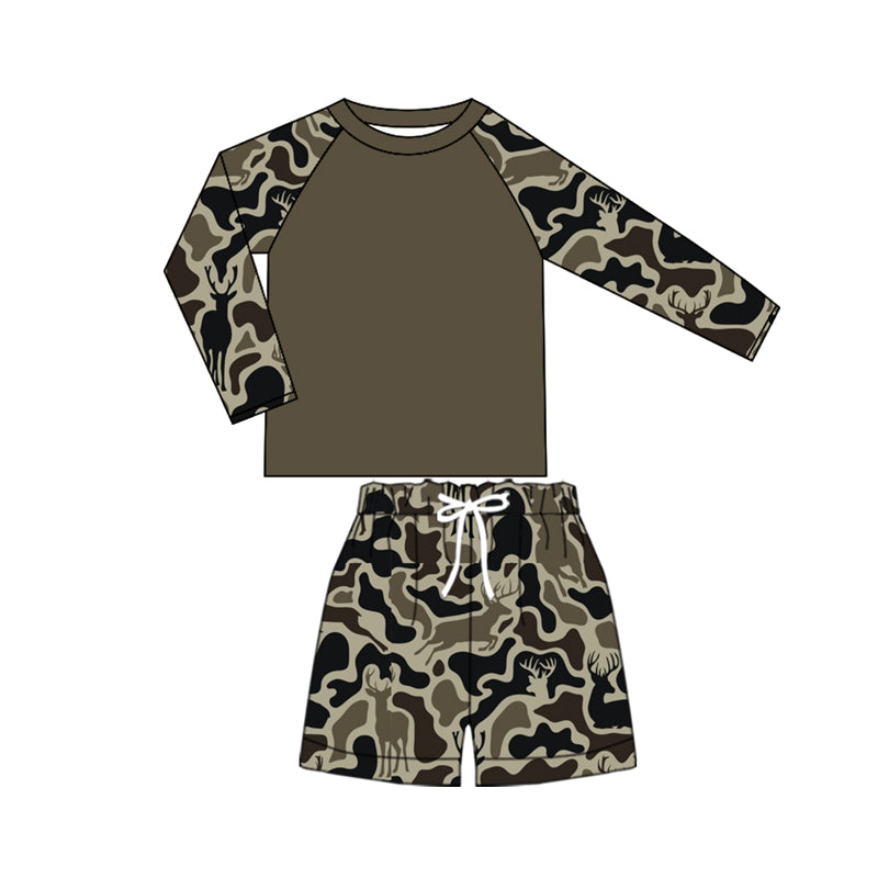 (Custom Design Preorder MOQ 5) Dark Brown Black Camo Print Boys Long Sleeve 2 Pieces Swimsuits