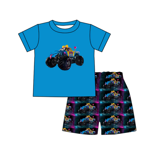 (Custom Design Preorder MOQ 5) Monster Trucks Blue Top Shorts Boys Summer Clothes Set