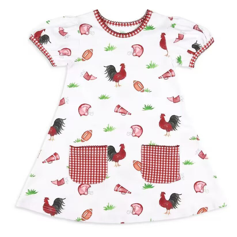 (Custom Design Preorder MOQ 5) Chicken Football Red Plaid Print Girls Summer Knee Length Dress