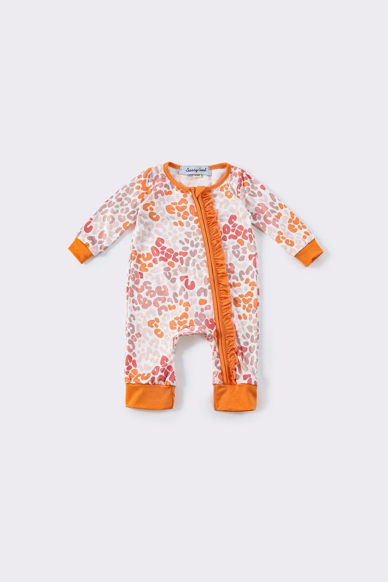 (Custom Design Preorder MOQ 20) Orange Leopard Print Baby Girls Fall Bamboo Sleeper Zipper Romper