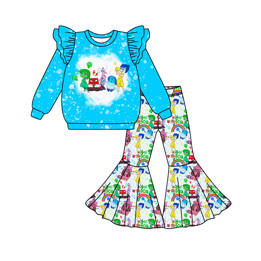 (Custom Design Preorder MOQ 5) Cartoon Figure Inside Out Rainbow Top Bell Pants Girls Clothes Set