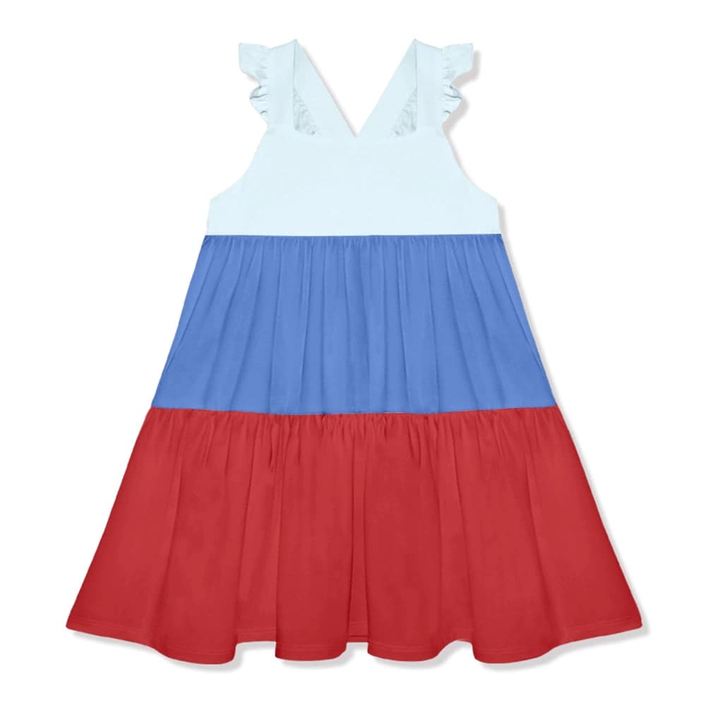(Custom Design Preorder MOQ 5 Each Design) Blue Red Color Girls 4th of July Knee Length Dress