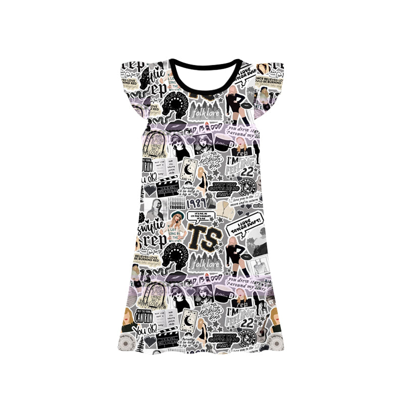 11.23(Custom Design Preorder MOQ 5) Singer Swiftie Grey Print Girls Flutter Sleeve Knee Length Dress