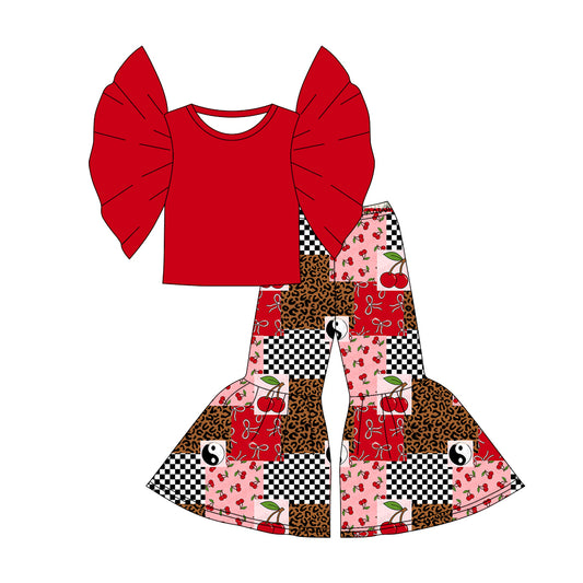 (Custom Design Preorder MOQ 5) Red Top Cheery Bows Bell Pants Girls Clothes Set