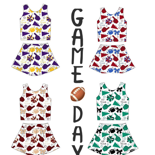(Custom Design Preorder MOQ 5 Each Design) 4 Colors Game Day Go Team Cheer Print Girls Summer Matching Clothes Sisters Wear