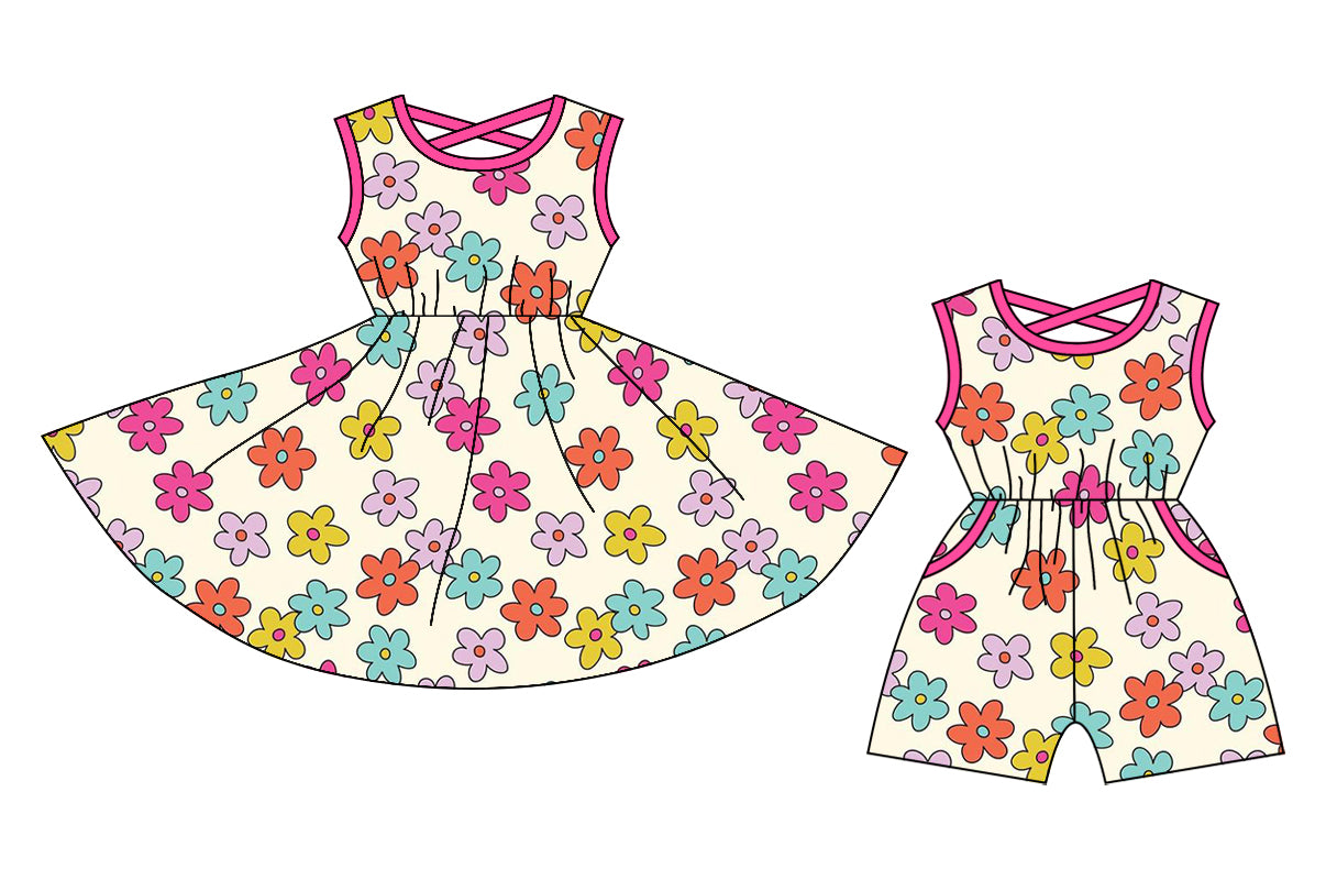 1.4(Custom Design Preorder MOQ 5 Each Design) Colorful Flowers Print Girls Summer Matching Clothes Sisters Wear