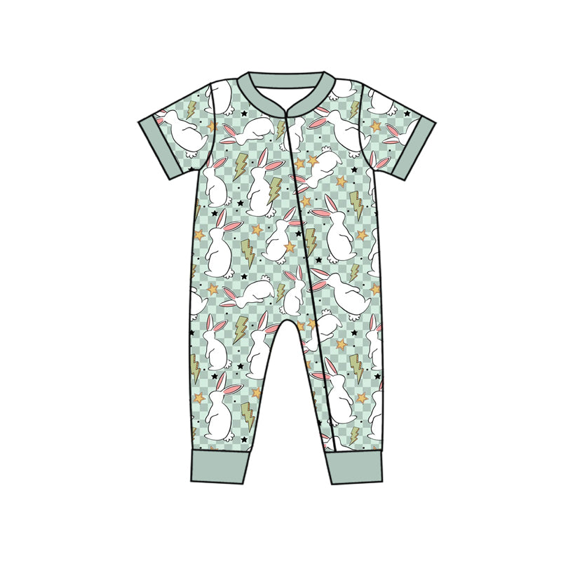 (Custom Design Preorder MOQ 20) Bunny Flash Plaid Print Baby Boys Easter Bamboo Sleeper Zipper Romper