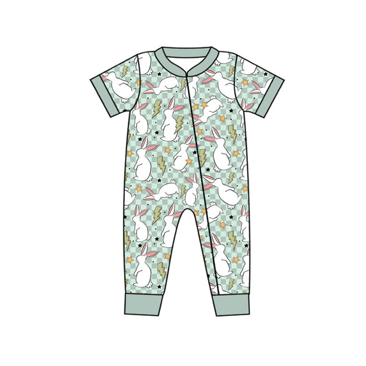 (Custom Design Preorder MOQ 20)  Bunny Flash Plaid Print Baby Boys Easter Bamboo Sleeper Zipper Romper