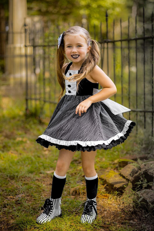 (Custom Design Preorder MOQ 5 ) Black Stripes Print Girls Halloween Knee Length Dress