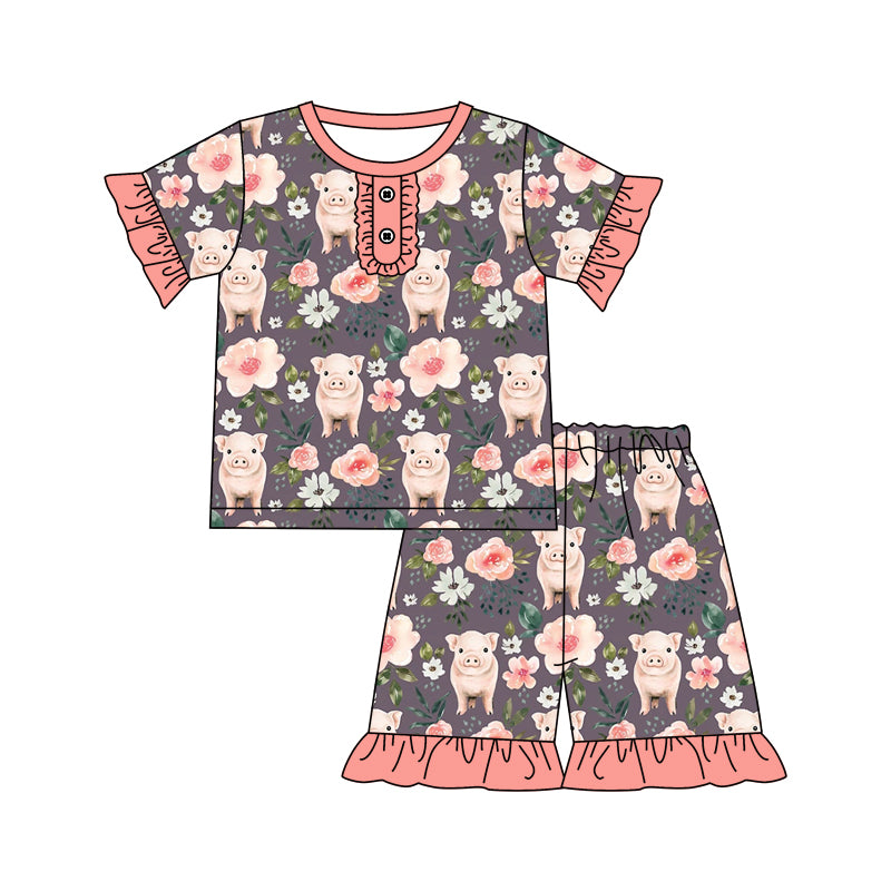(Custom Design Preorder MOQ 5) Pig Flowers Print Girls Summer Pajamas Clothes Set