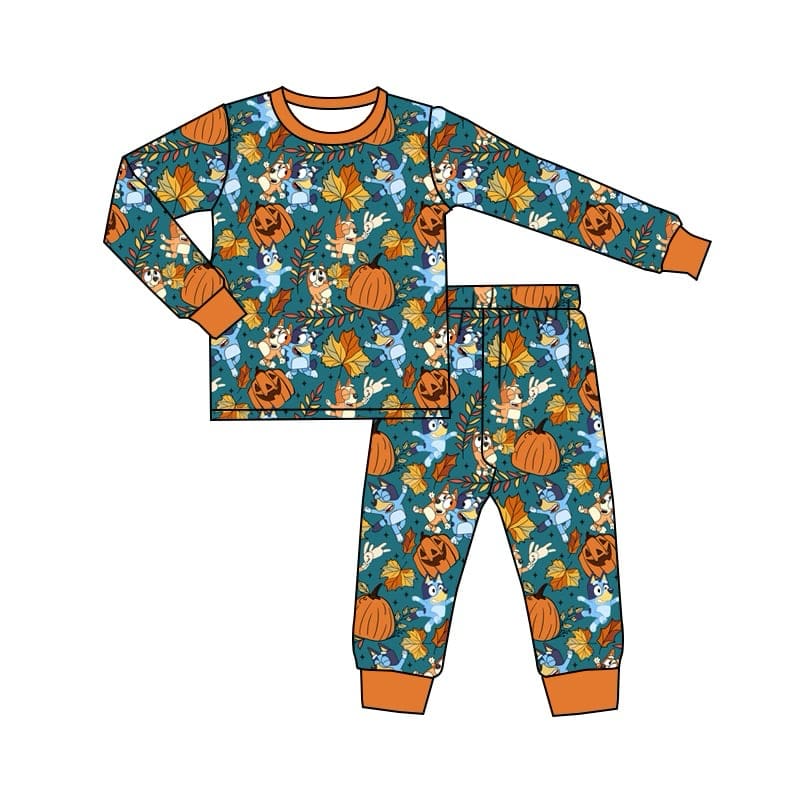 (Custom Design Preorder MOQ 20) Cartoon Dog Pumpkin Print Kids Halloween Bamboo Pajamas Clothes Set