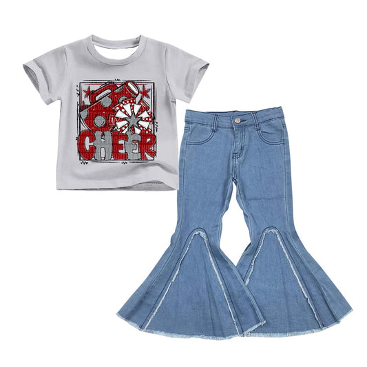 (Custom Design Preorder MOQ 5) D6-29 Cheer Wine Star Top Blue Bell Jeans Girls Clothes Set