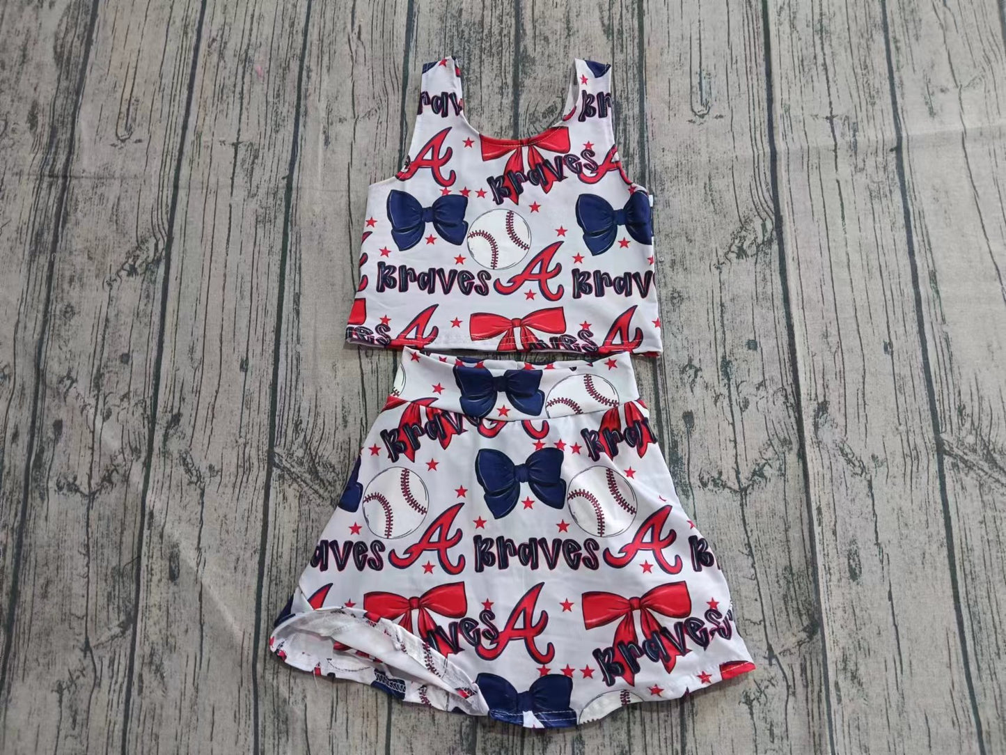 (Custom Design Preorder MOQ 5) Team's BRAVES Baseball Bows Print Shorts Skirts Girls Summer Yoga Clothes Set