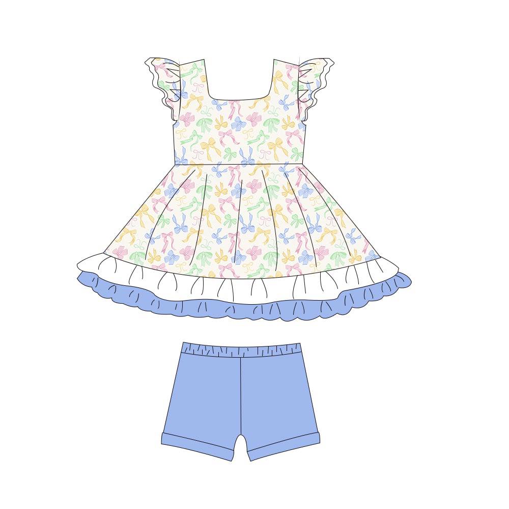 (Custom Design Preorder MOQ 5) Colorful Bows Tunic Top Blue Shorts Girls Summer Clothes Set