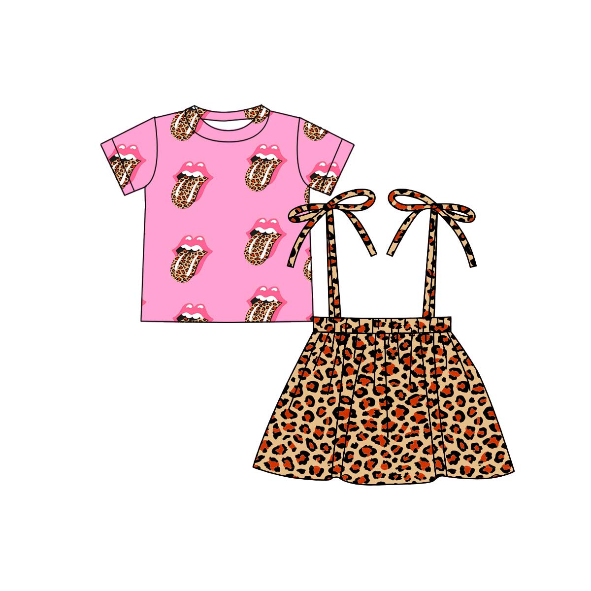 (Custom Design Preorder MOQ 5) Tongue Pink Top Leopard Skirts Girls Summer Clothes Set