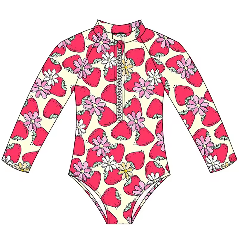 (Custom Design Preorder MOQ 5) Flowers Strawberry Print Girls 1 Piece Long Sleeve Zipper Swimsuits