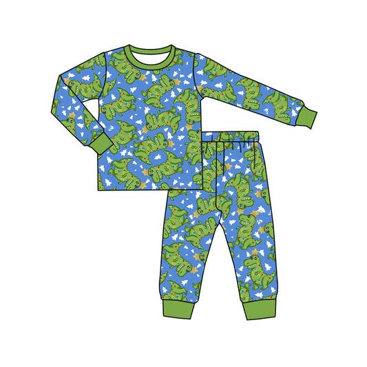 (Custom Design Preorder MOQ 20) Dino Print Boys Christmas Bamboo Pajamas Clothes Set