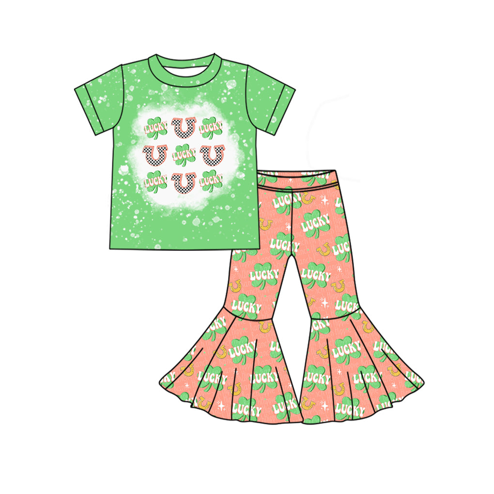 (Custom Design Preorder MOQ 5) Leaf Lucky Top Bell Pants Girls St. Patrick's Day Clothes Set