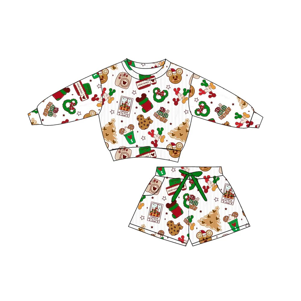 (Custom Design Preorder MOQ 5) Cartoon Mouse Cookie Print Shorts Girls Christmas Clothes Set