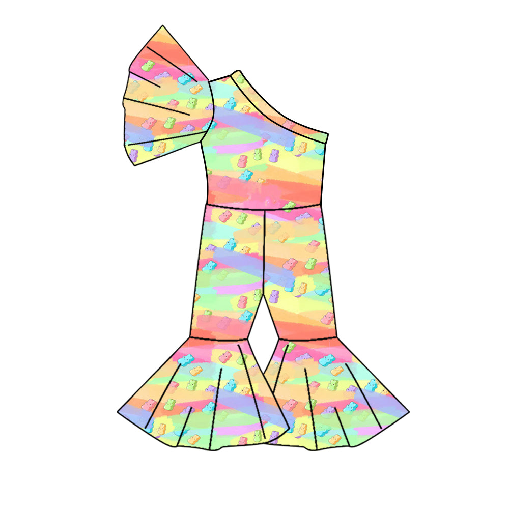 (Custom Design Preorder MOQ 5) Colorful Bunny Print Girls Easter One Shoulder Jumpsuits