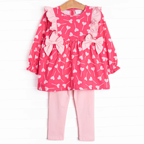 (Custom Design Preorder MOQ 5) Heart Tunic Top Pink Pants Girls Valentine's Day Clothes Set