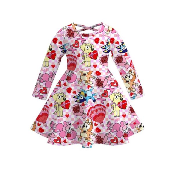 (Custom Design Preorder MOQ 5) Cartoon Dog Heart XOXO Plaid Print Girls Valentine's Day Knee Length Dress