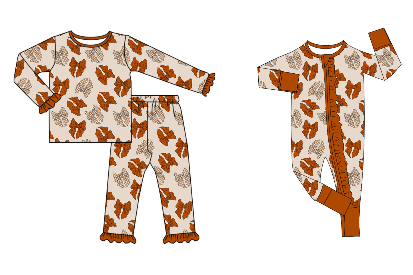 7.24 (Custom Design Preorder MOQ 5 Each Design) Brown Bows Print Girls Fall Pajamas Matching Clothes Sisters Wear