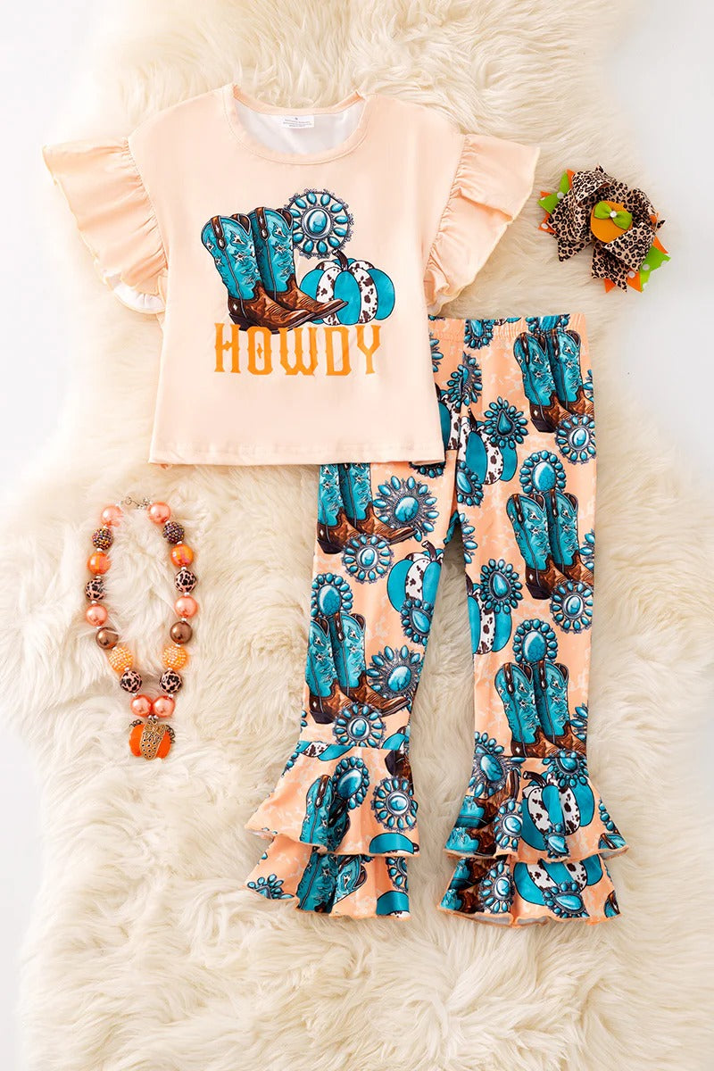 (Custom Design Preorder MOQ 5) Howdy Boots Pumpkin Top Ruffle Pants Girls Fall Western Clothes Set