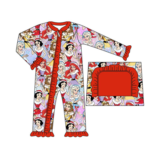 (Custom Design Preorder MOQ 20)  Cartoon Princess Print Baby Girls Bamboo Christmas Sleeper Zipper Romper