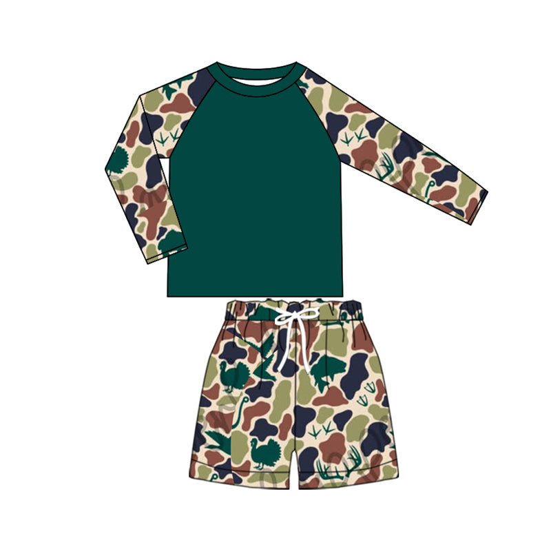 (Custom Design Preorder MOQ 5) Brown Green Camo Print Boys Long Sleeve 2 Pieces Swimsuits