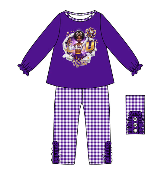(Custom Design Preorder MOQ 5) Team's LSU Tigers Cheer Top Plaid Pants Girls Fall Clothes Set