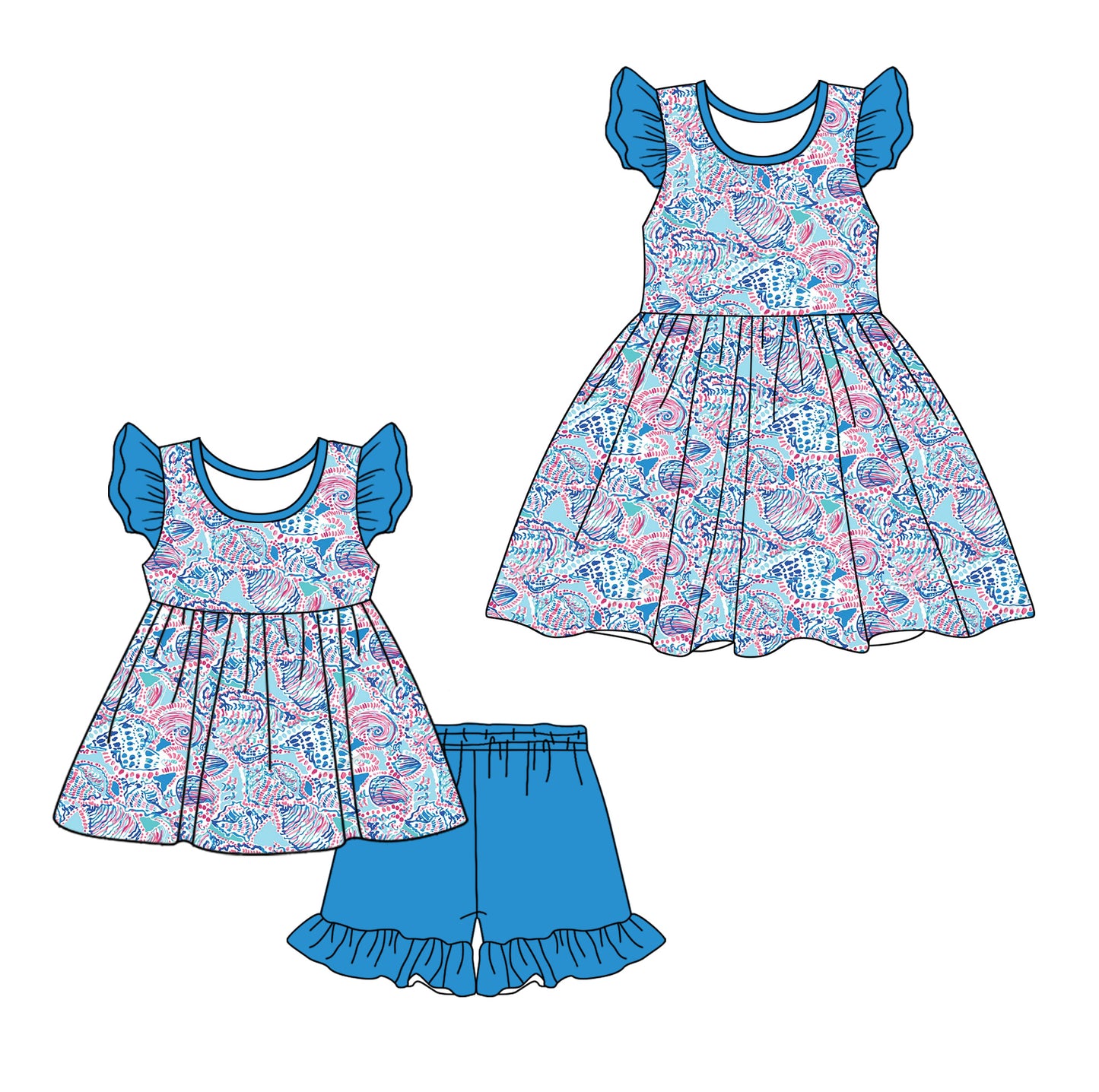 12.11(Custom Design Preorder MOQ 5 Each Design) Shell Blue Print Girls Summer Matching Clothes Sisters Wear