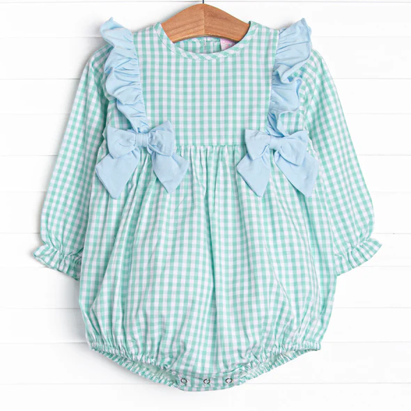 (Custom Design Preorder MOQ 5) Green Plaid Print Baby Girls Fall Romper