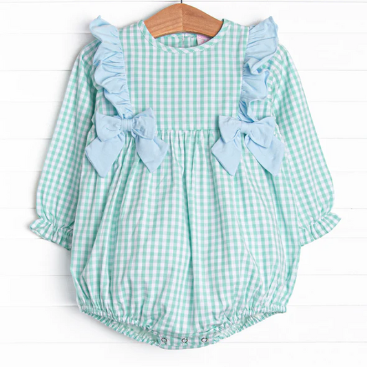 (Custom Design Preorder MOQ 5) Green Plaid Print Baby Girls Fall Romper
